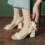 Nude Wide Fit Block Heels Bowknot High Heel Sandals
