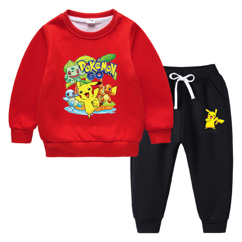 Children Pokemon Pikachu Hoodie & Pant Set Fleece Lined Padded Warm Keeping Winter Clothes Sweatershirt Suit