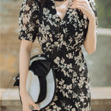 Women cottagecore Dress Summer French Vintage Dress V-neck Floral Black Dress Skirt