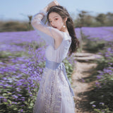 Fairy Dress Refined Handmade Lace Mesh Embroidered V-neck Long Sleeve Light Purple Fairy Lady Super Fairy Spring and Autumn