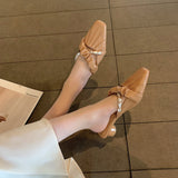Nude Block Heel Sandals Pearl Vintage High Heels