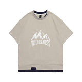 Men T Shirt Summer Casual Tops Men's Clothes Summer Wear Retro Men's round Neck Short Sleeve Casual Snow Mountain Fake Two-Piece T-shirt Fashion