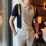 Men Short Sleeve T-Shirt Color Block Knitted Polo Shirt Summer Lapels T-shirt