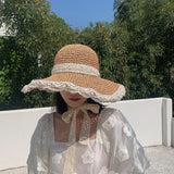 Straw Hat Lace Lace Cutout Foldable Straw Hat
