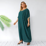 Women Plus Size Maxi Dresses Polka-Dot Loose-Fitting Batwing Sleeve Large Swing Dress