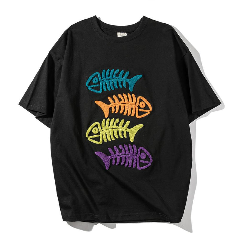 Men's T Shirt Summer Casual Tops Cartoon Fish Embroidered Short Sleeve T-shirt Men's Fashion Brand round Neck Trend Half Sleeve