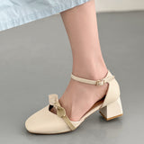 Nude Pumps Block Heel Bowknot Mary Jane Leather Shoes