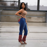 Women Plus Size Jeans Plaid Stitching Pants