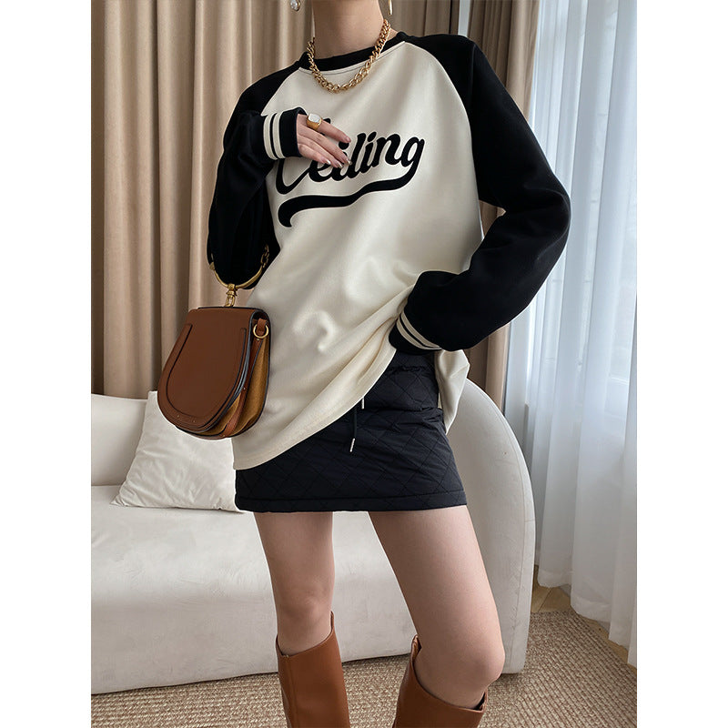 Diana Harvard Sweatshirt Retro Alphabet Color-Block Raglan Sleeves Contrast Color Casual Sweatshirt