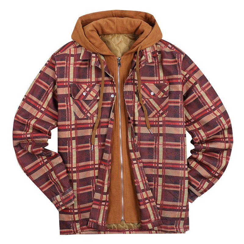 John Dutton Jacket Autumn and Winter Plaid Jacket Long-Sleeved Hooded Fake Two Pieces Cotton Padded Coat Men