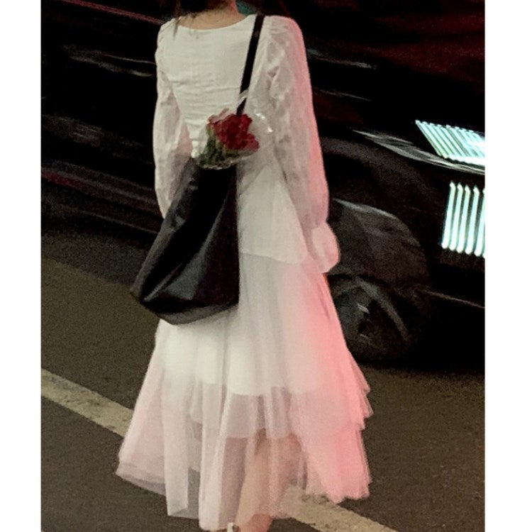 Fairy Dress White Dress Long Fairy Dress Autumn Puff Sleeve Irregular Mesh Dress