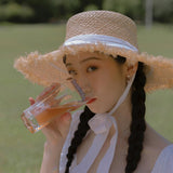 Kentucky Derby Hats Chain Strap Straw Hat Female Summer Frayed Raffia Hat