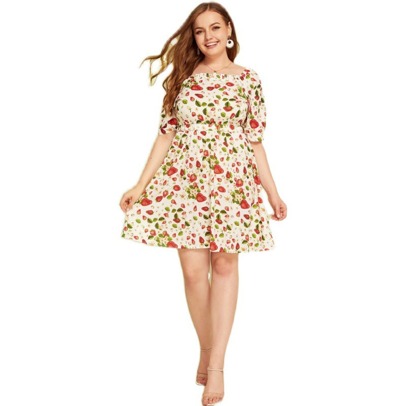 Women Plus Size Mini Dresses Fruit Printed Loose Dress