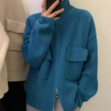 Preppy Aesthetic Outfits Stand Collar Knitted Cardigan Female Women's Sweater Female