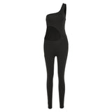 Summer Women's High Waist Slant Shoulder Hollow-out Tight Sports Casual Jumpsuit
