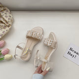 Nude Pumps Block Heel Pearl Sandals