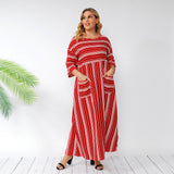 Women Plus Size Maxi Dresses Spring/Summer Double Pocket Red Striped Loose Casual Dress