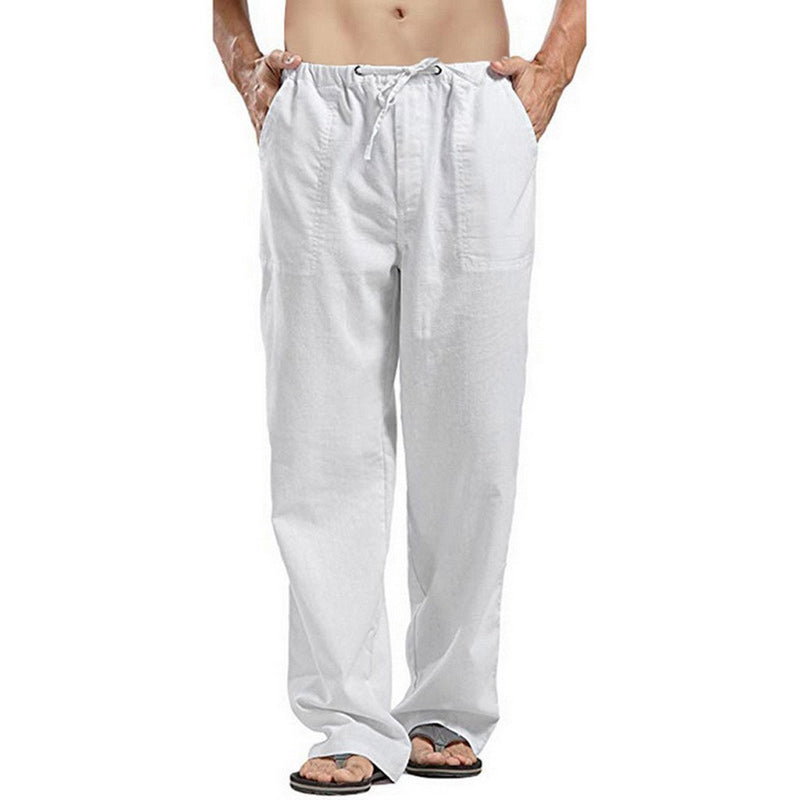 Linen Pants Straight Leg Pants Drawstring Lightweight Elastic Beach Pants Men's Casual Trousers with Pockets