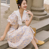 Women Cottagecore Dress Summer Vintage Skirt Dress Puff Sleeve Mid-Length Skirt