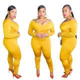 Women Plus Size Jumpsuits Solid Color Off-Shoulder Tight Sexy Jumpsuit