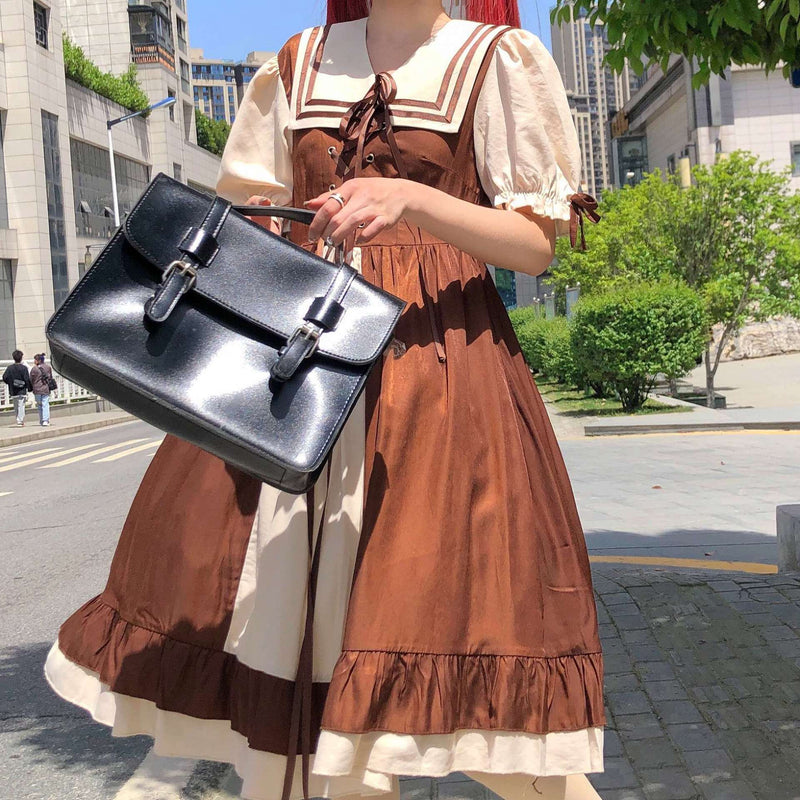 Gothic Lolita Harajuku Style Clothing Lace-up Retro Color Block Short Sleeve Dress