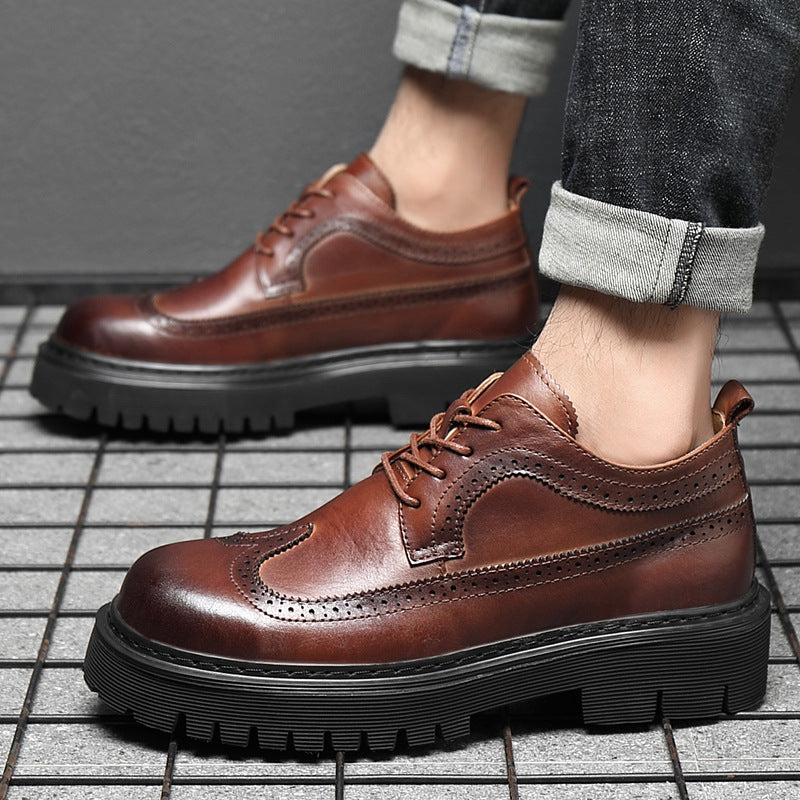 Indo Western Shoes Autumn Men's Leather Shoes Cowhide Platform Height Increasing British Style Casual Brogue Business Men's Shoes