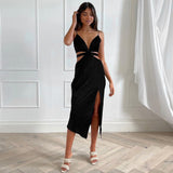 Music Festivals Rave Outfits Dress Autumn Winter Sexy Backless V-neck Solid Color Slim Dress