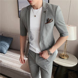Men Trousers Slim Fit Mid-Sleeve Suit Two-Piece Set