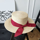 Straw Hat Flat Straw Hat Female Summer Outdoor Bow Sunhat