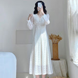 Fairy Dress Early Autumn Sweet Lace Dress Women French Style Cinched Slimming Long Dress