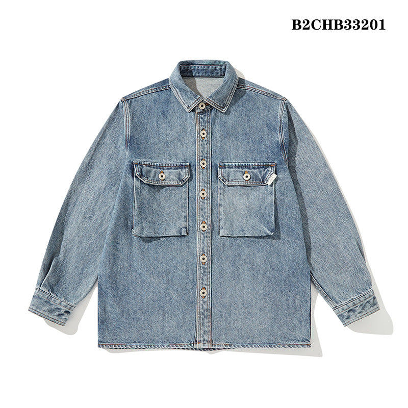Denim Shirts Retro Light Blue Trendy Heavy Autumn and Winter