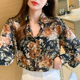 Beth Dutton Outfits Floral Lantern Sleeve Chiffon Shirt Shirt Women's Fall Lapels Floral Long Sleeve Shirt
