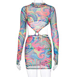 Women Exotic Dresses Spring Sexy Long Sleeve Printed Mesh Dress