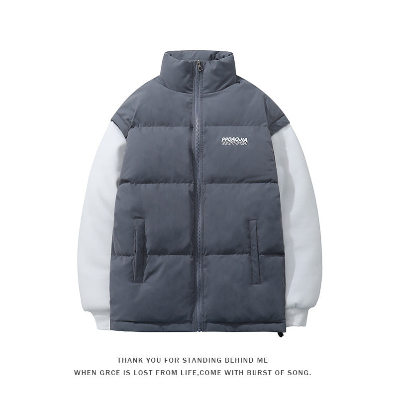 Men's Autumn Winter Coat Stand Collar Color Matching Cotton-Padded Jacket