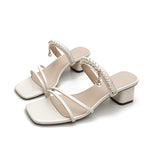 Nude Block Heel Sandals Summer Pearl Sandals