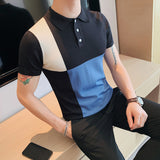 Men Short Sleeve T-Shirt Color Block Knitted Polo Shirt