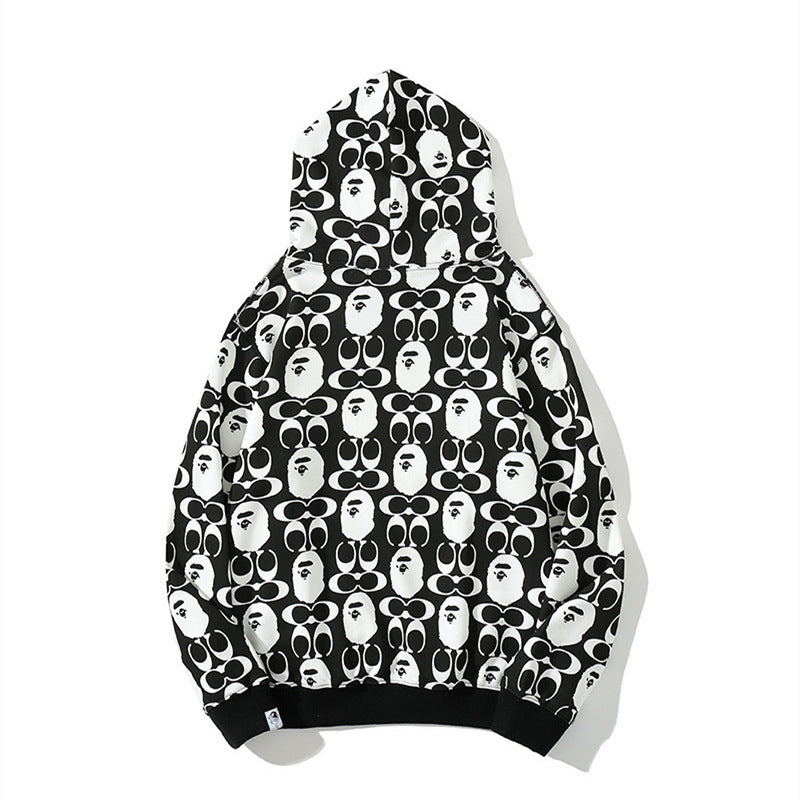Bape Hoodie Black and White Sweater Men's and Women's Printed