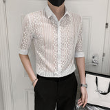 Transparent Shirt For Men Large Size Slim Hollow Lace Men