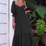 Women Bohemian Dress Autumn Solid Color Loose Long Dress