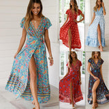Beth Dutton Bohemian Dress Summer Spring Midi Dresses Sexy V-neck Cardigan Waist Print Dress