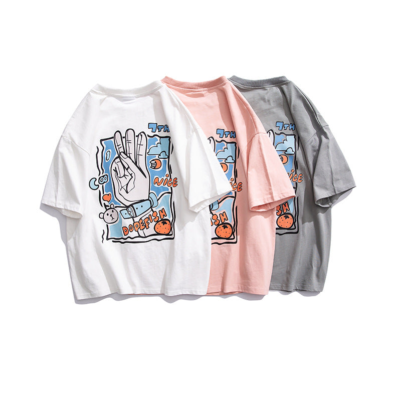 Cartoon Graffiti Short Sleeve T-shirt Men's Summer Loose Printed Top Cotton Half Sleeve T-shirt Tee