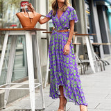 Women Bohemian Dress Women's Summer Sexy V-neck Short Sleeve Printed Dress