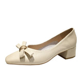 Nude Block Heel Sandals Bow High Heels