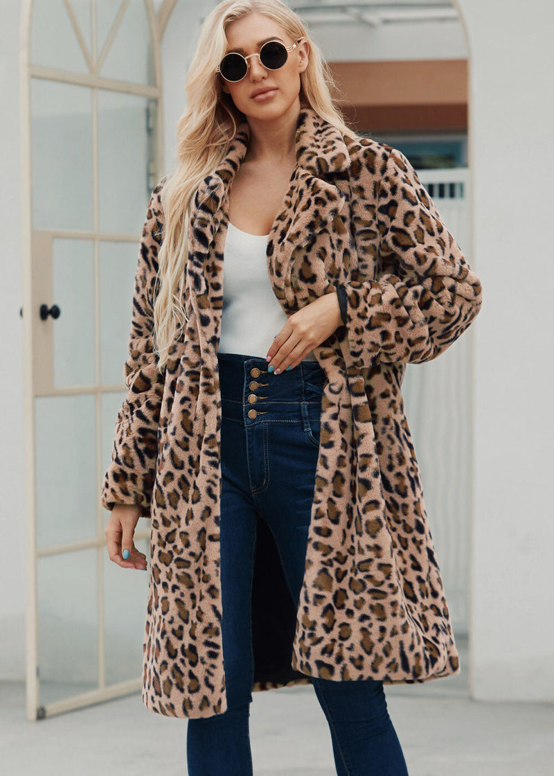 Beth Dutton Outfits Long Leopard Print Suit Collar Faux Fur Coat Women's Coat Autumn and Winter