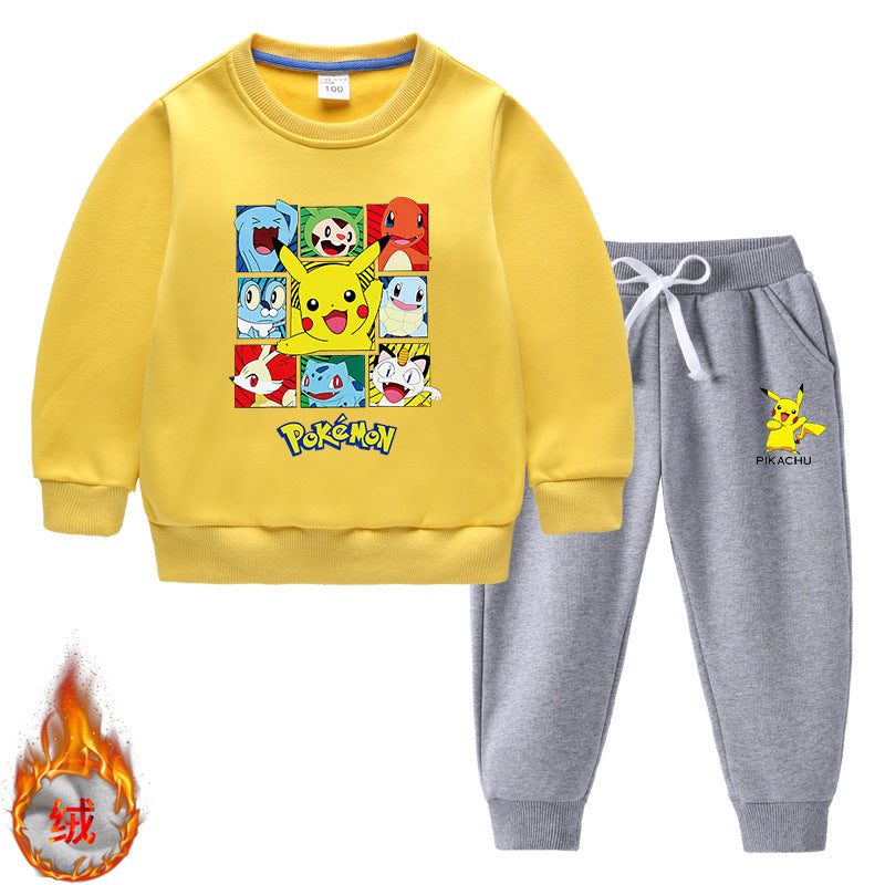 Children Pokemon Pikachu Hoodie & Pant Set Fleece Lined Padded Warm Keeping Winter Clothes Sweatershirt Suit