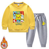 Children Pokemon Pikachu Hoodie & Pant Set Fleece Lined Padded Warm Keeping Winter Clothes Sweatershirt Suit