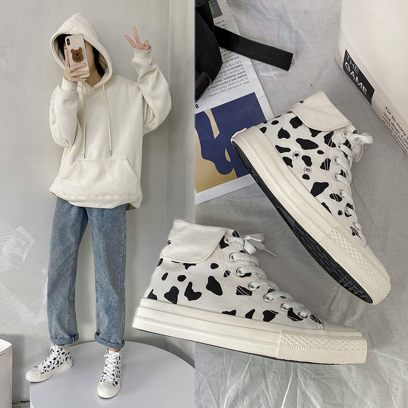 Cow Print Hey Dude Shoes Fall Black and White Spots Leopard Print Canvas Shoes Women Flat Heel Low-Top Breathable White Shoes