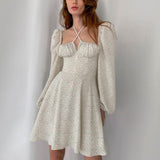 Women Summer Dresses Mini Dress Square Collar Halter Puff Sleeve Floral Skirt Dress