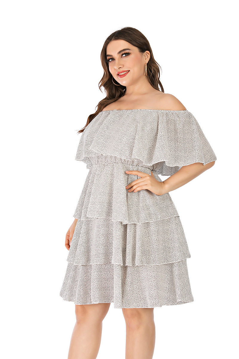 Women Plus Size Mini Dresses One-Word Lotus Leaf Collar Loose Cake Dress