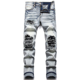 J Shaped Jeans Stitching Hole Patch Stick-on Crystals Men's Straight Stretch Jeans